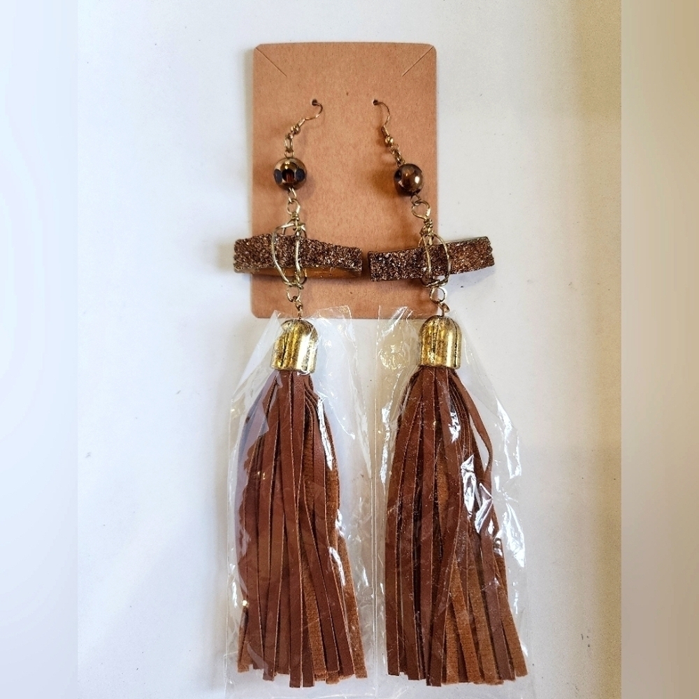 Brown Tassel Drop Earrings Gold Tone